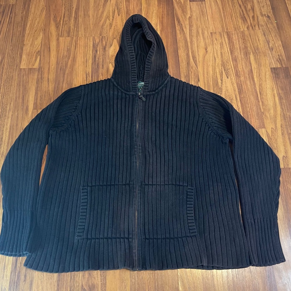 Lauren Ralph Lauren Full Zip Sweater Hoodie Womens 2X Ribbed Cotton Black LRL
